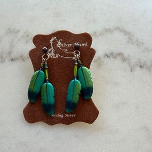 SILVER HAWK earrings, 2 feathers per earring, beautiful peacock blue colors, NWT
